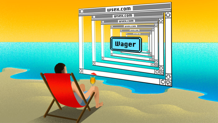 An illustration of a man sitting on the beach with 90s-style internet windows of sports wagers popping up.